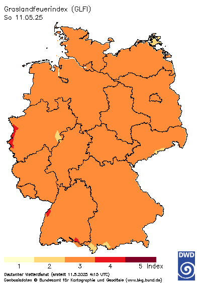 Mit der Warmen Jahreszeit steigt auch die Gefahr von Wald- und Grasland-/Flächenbränden. Zwischen dem 01. März und dem 31. Oktober eines jeden Jahres gibt der Deutsche Wetterdienst täglich aktualisierte Wald- und Graslandbrandgefahrenprognosen für Deutschland heraus. Mit einem Klick auf die Karte kommen Sie zu Weitere Gefahren- und Warnindizes beim DWD. © Deutscher Wetterdienst, Offenbach